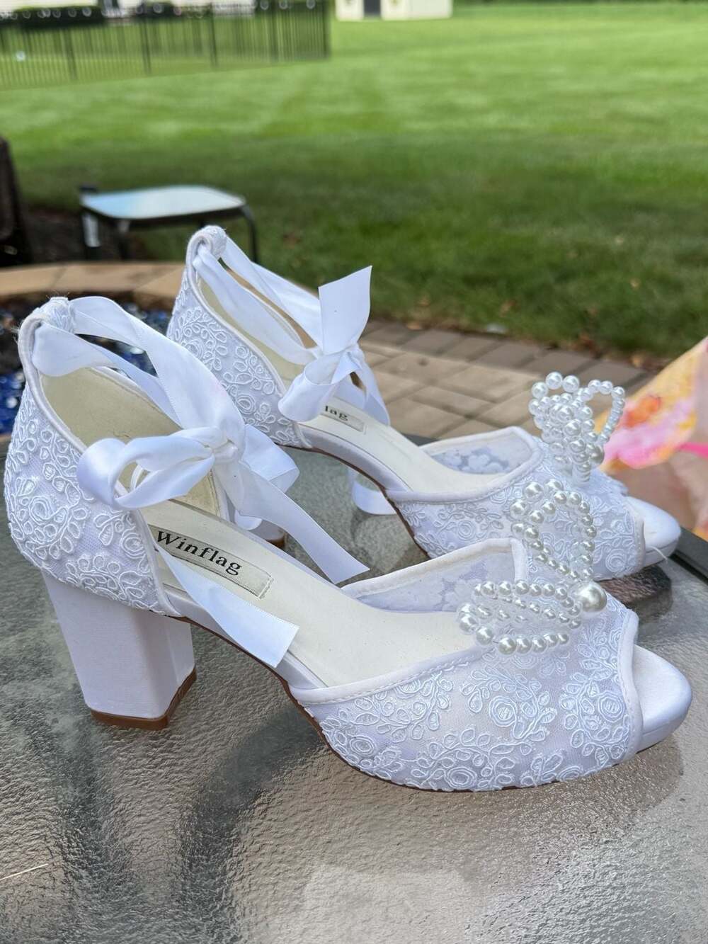 White Lace Pearl  Block Heel Peep Toe with Ribbon Ankle Tie